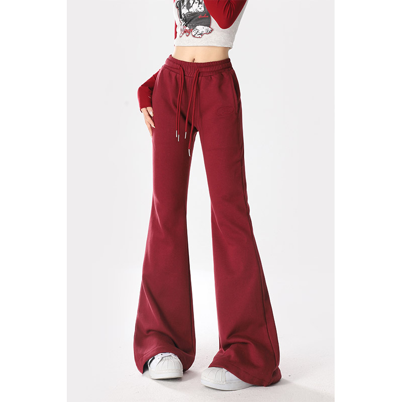 自然涩酒红色微喇卫裤女秋冬抽绳刺绣休闲拖地喇叭马蹄长裤子秋冬