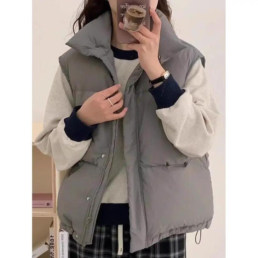 鸭鸭韩系羽绒服马甲女2023秋冬新款加厚立领坎肩短款宽松白鸭绒外
