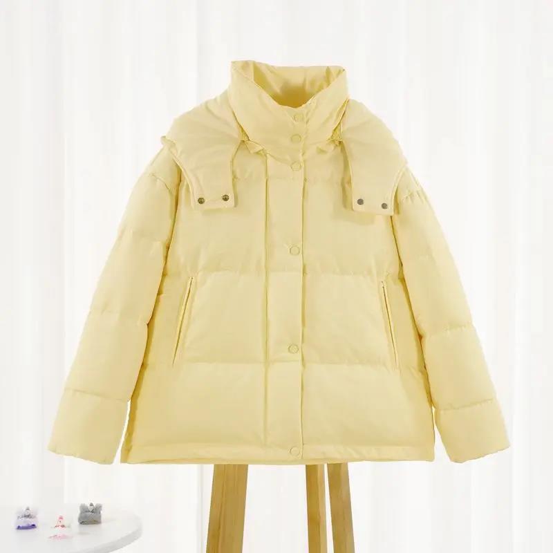 鸭鸭奶黄色羽绒服短款白鸭绒连帽面包服韩版宽松2023年新款女外套