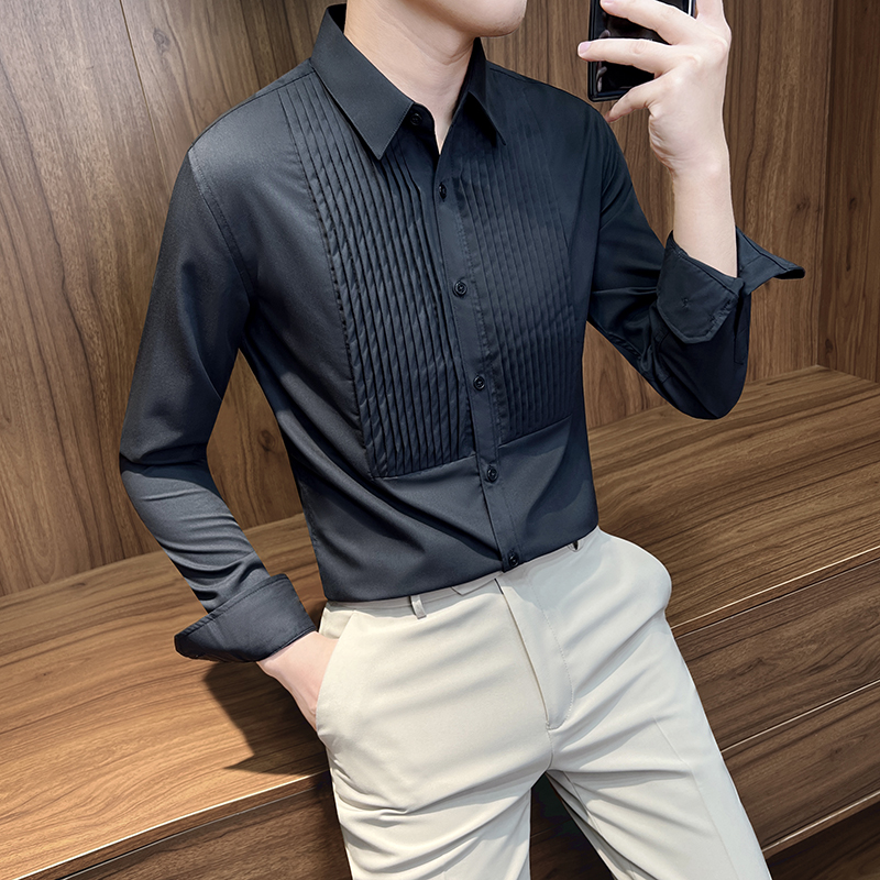 长袖衬衫男款爆款2023新款春季韩版修身潮流时尚男士褶皱礼服衬衣