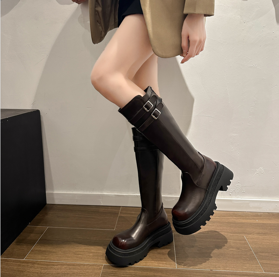 厚底长筒靴女小个子2023秋冬新款复古美拉德长靴子高筒骑士