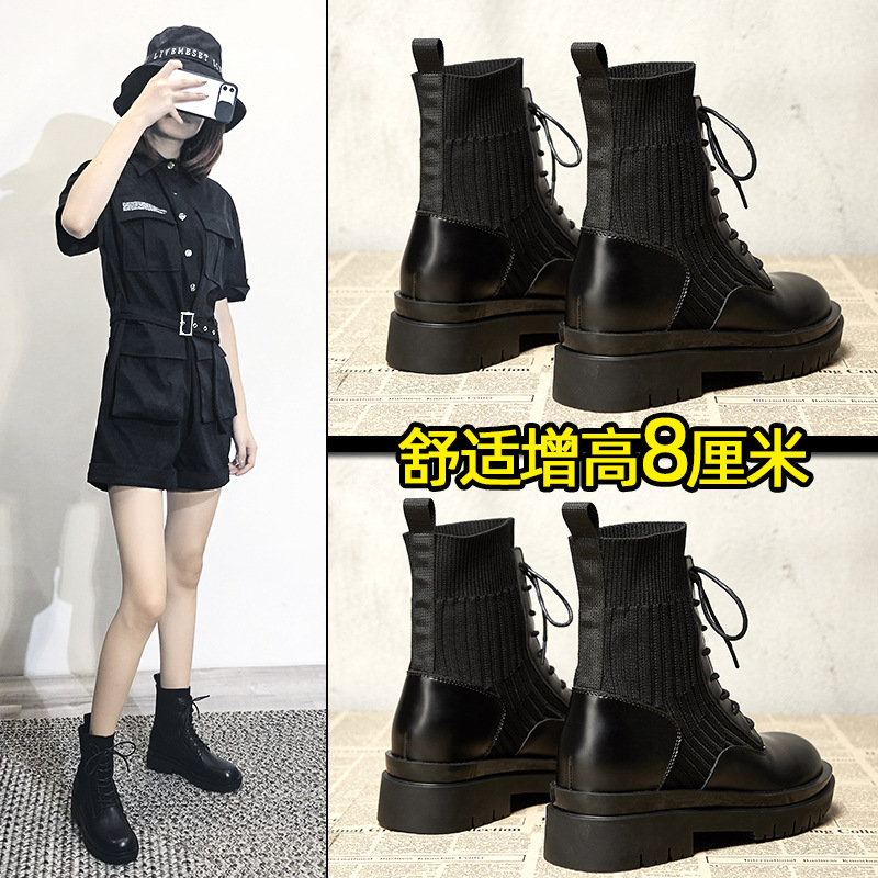 红蜻蜓牌小个子厚底内增高8cm马丁靴女2023秋冬加绒季英伦风短靴i