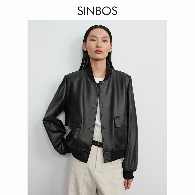 SINBOS真皮皮衣短款棒球夹克绵羊皮宽松复古小个子外套SF3D10205