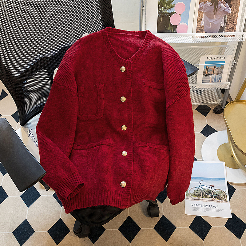 大码女装冬季新款轻奢小香风设计感宽松开衫针织毛衣外套-HYDM654