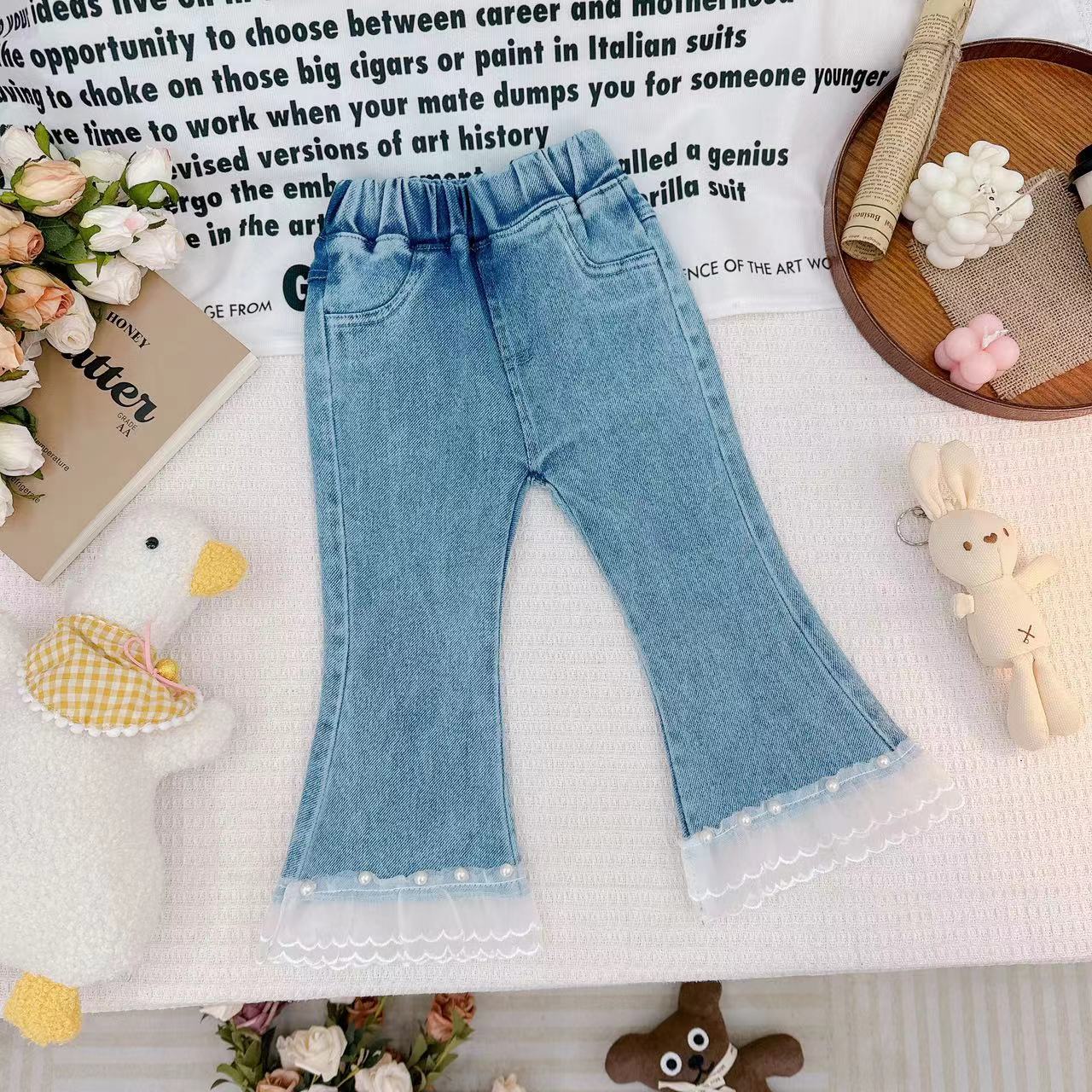 2024新款春秋款女童甜美花边珍珠喇叭牛仔裤 D-V230