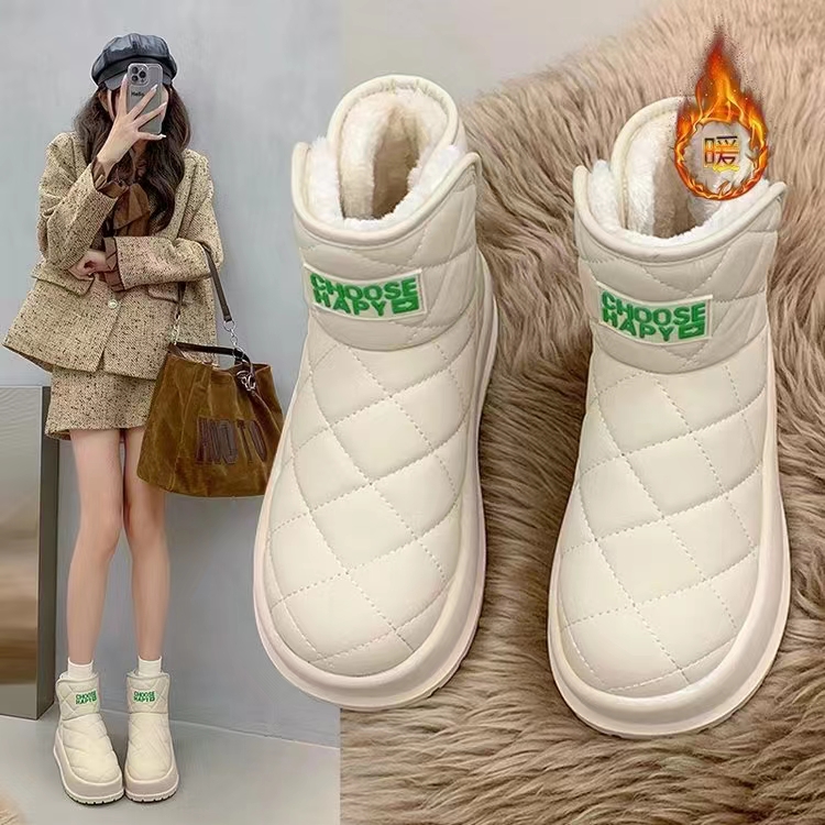 B线下569！高级百搭！菱形缝线设计~加厚皮面防水女式雪地靴 C15902