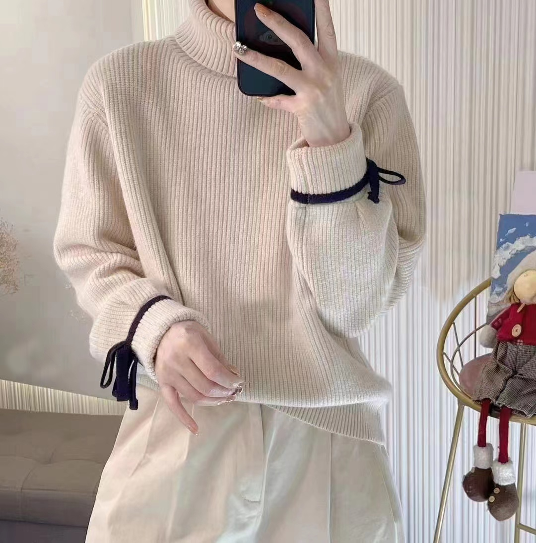 B线下259！软糯厚实！慵懒风~高领竖坑条袖口蝴蝶结女式针织衫T3114