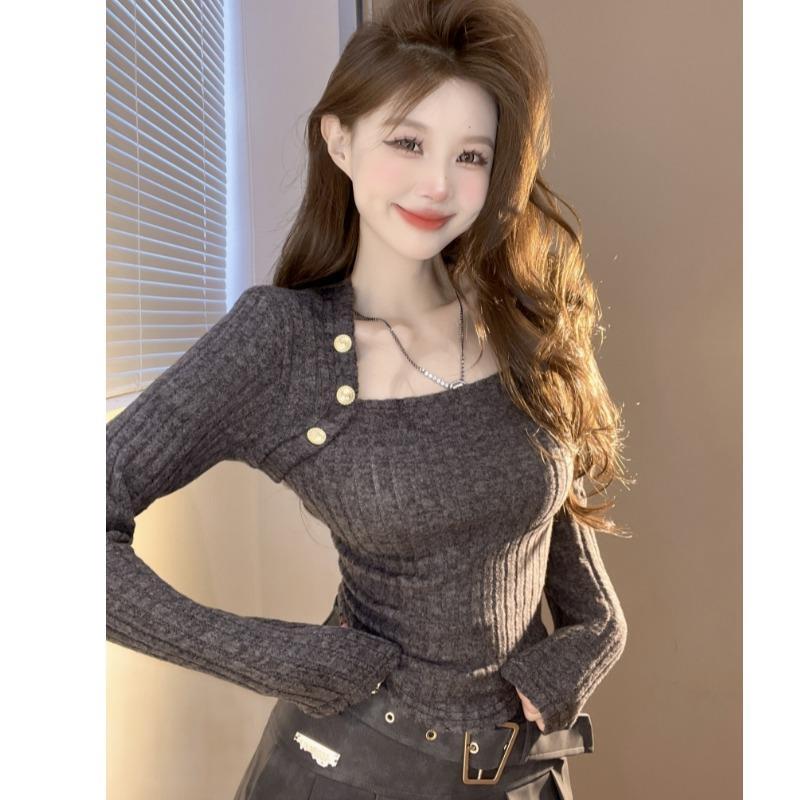 法式纯欲方领长袖T恤女秋季辣妹复古高级感短款独特别致锁骨上衣