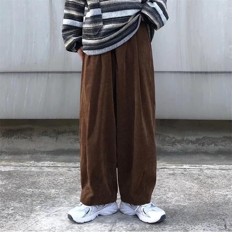 日系港风ins潮牌高街宽松直筒阔腿裤子男春秋复古灯芯绒加厚长裤