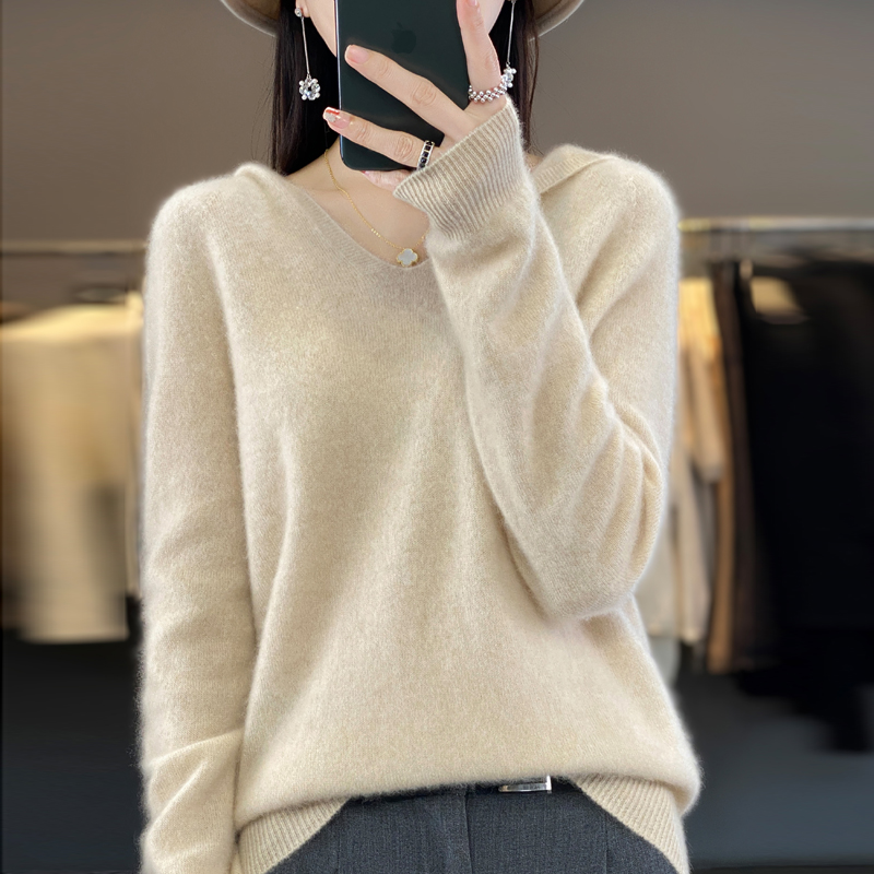 秋冬休闲羊毛纯色带帽卫女宽松百搭针织连帽护手打底872