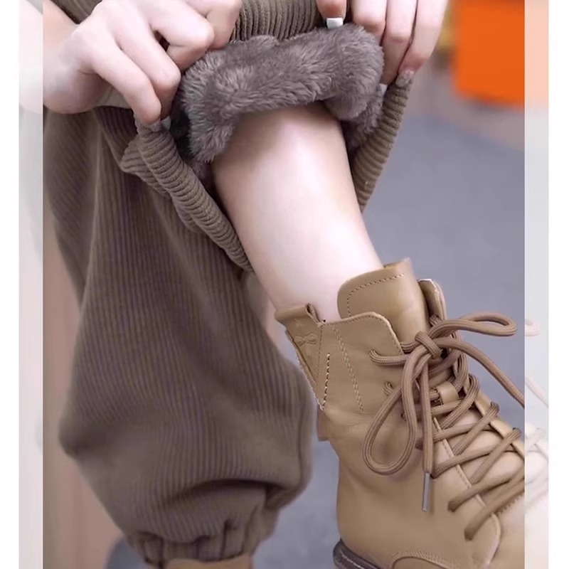 冬季款梨型身材加绒灯芯绒抽绳哈伦卫裤胖妹妹显瘦束脚阔腿休闲裤