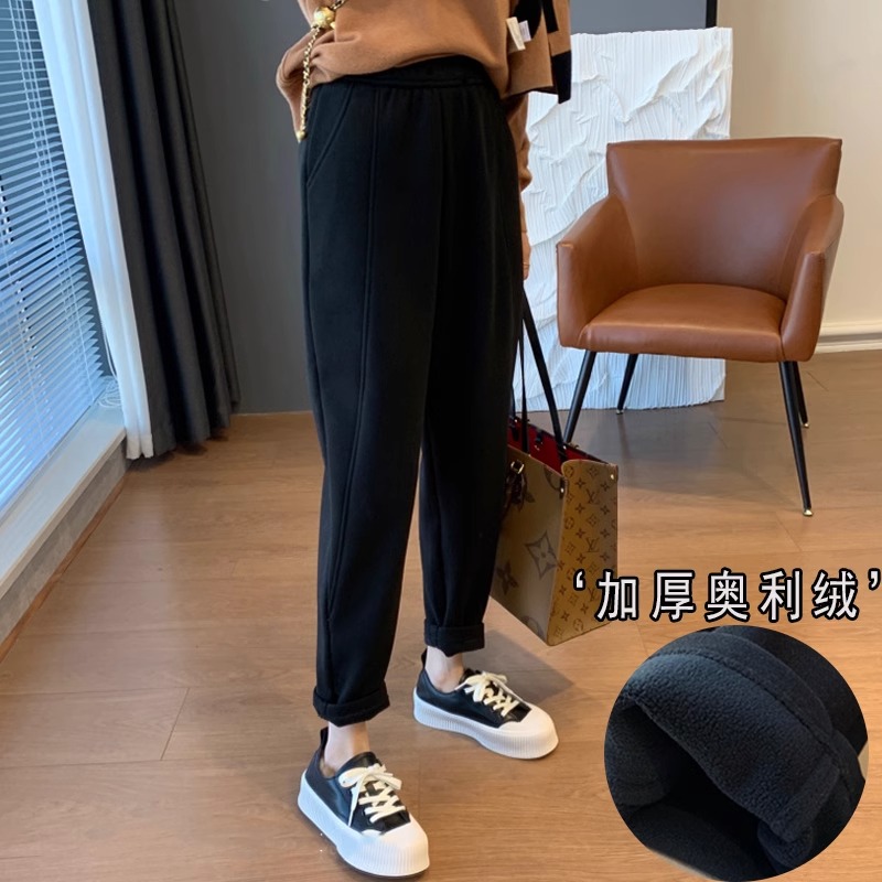 大码女装冬款高级感加绒加厚毛呢萝卜裤胖妹妹显瘦九分奶奶哈伦裤