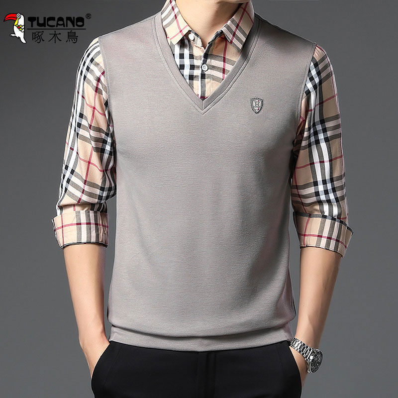 啄木鸟正品春秋衬衫款假两件衬衫男加绒针织长袖休闲上衣中青年