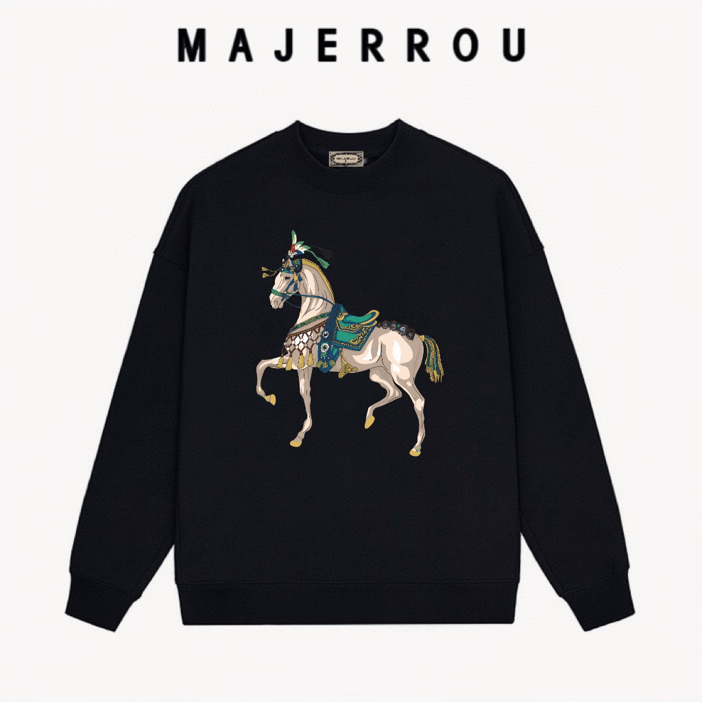 MAJERROU/玛基欧绿彩战马卫衣棉欧美时尚潮流印花男士秋冬新长袖