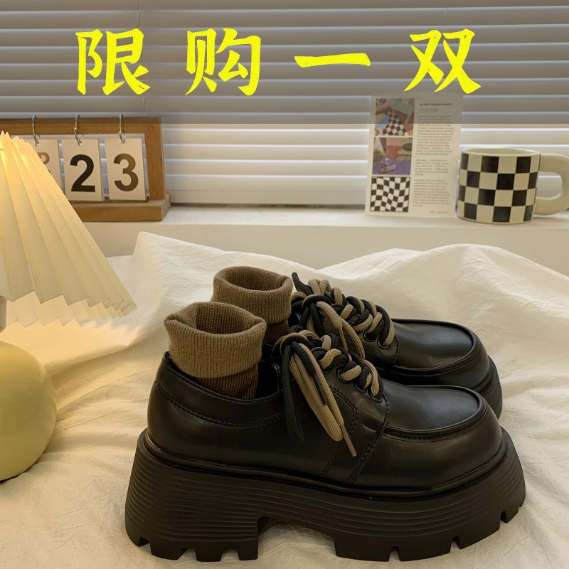 百丽纯爱粗跟厚底增高系带黑色小皮鞋女2023年春季新款百搭英伦