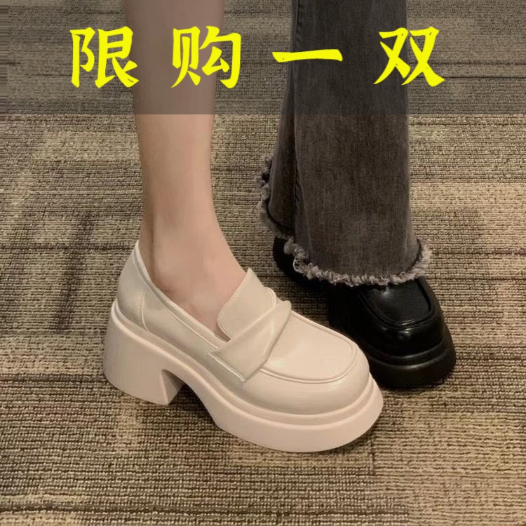 百丽纯爱春季新款法式粗跟厚底乐福鞋女白色英伦风单鞋高跟厚底