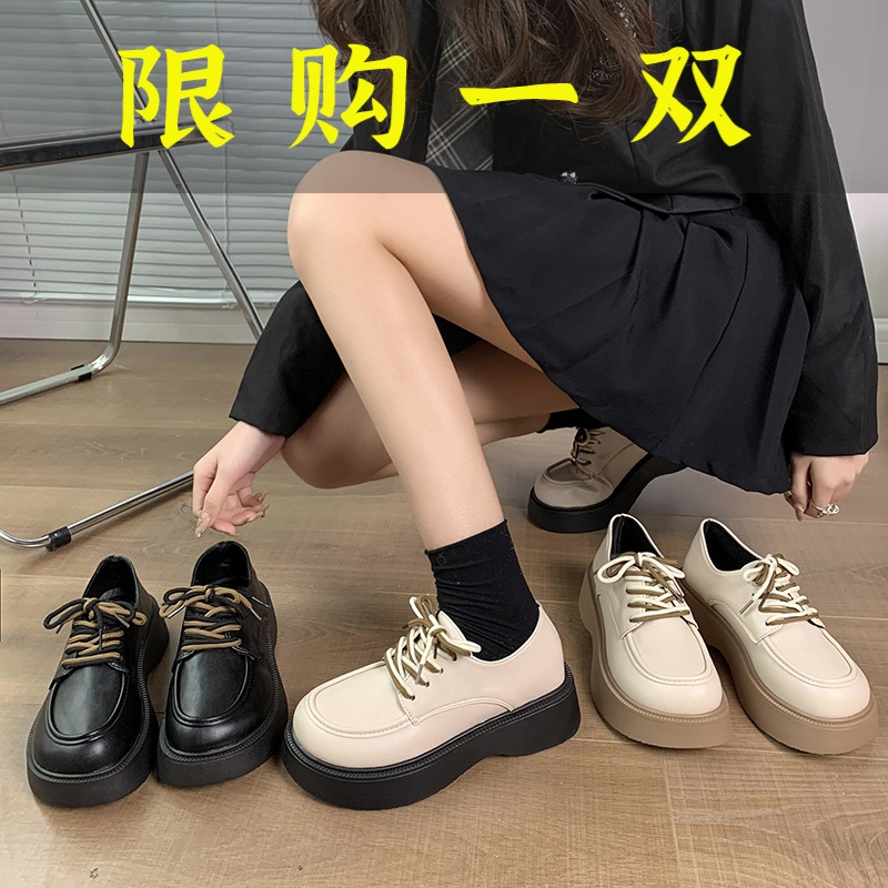 百丽纯爱圆头英伦风皮鞋系带厚底百搭复古乐福鞋学院风软底学生