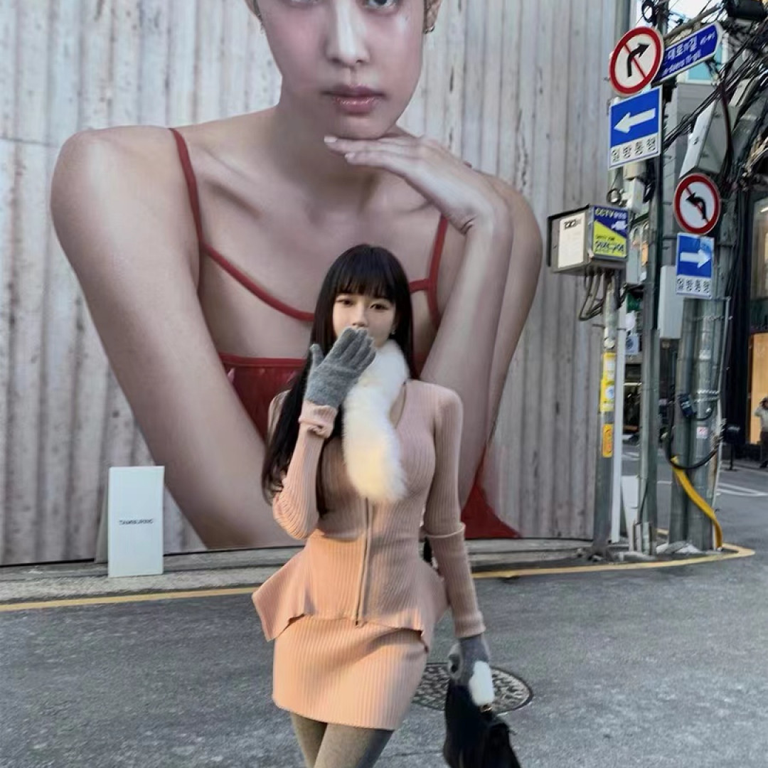 掐出绝美腰线气质小香风收腰针织荷叶边上衣包臀半裙时尚两件套女