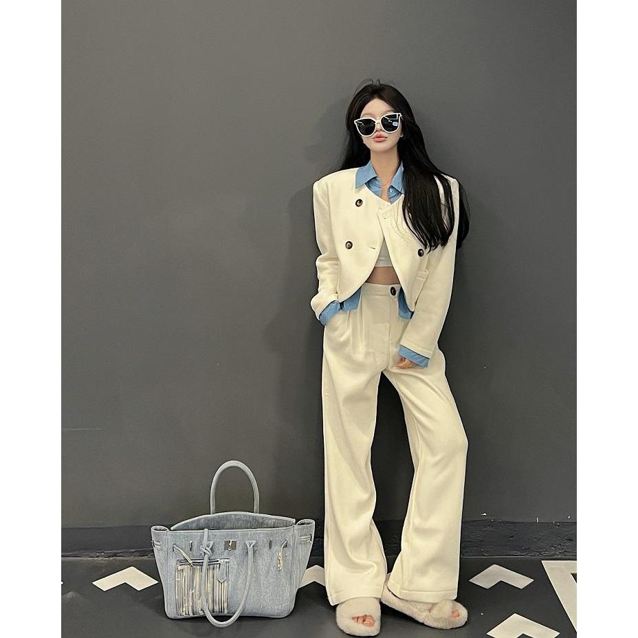 九亿 气质高级撞色拼接设计感加绒双排扣假两件外套+阔腿高腰裤