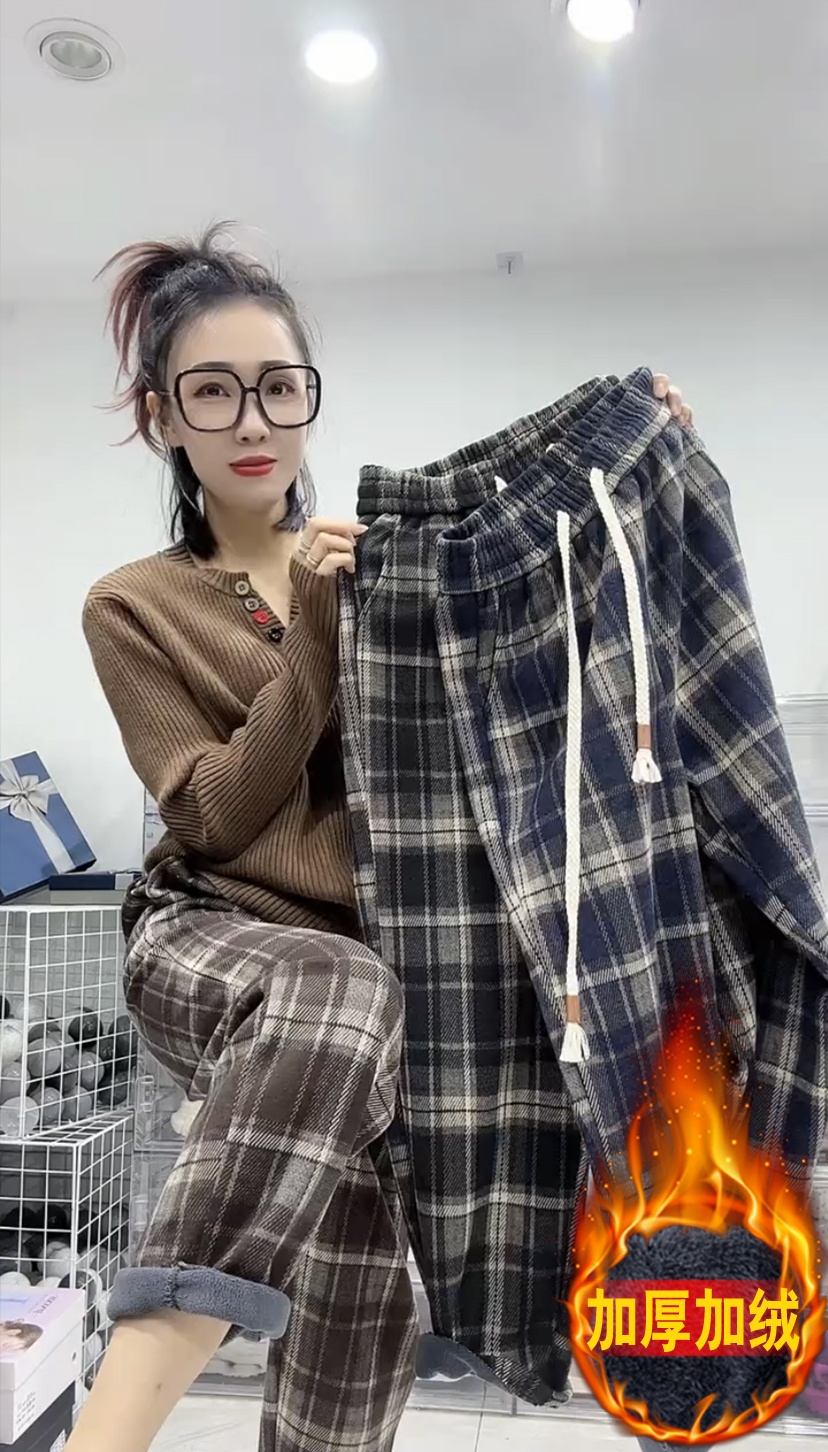 欧货2023秋冬新款加绒加厚格子百搭休闲显瘦松紧腰直筒长裤女