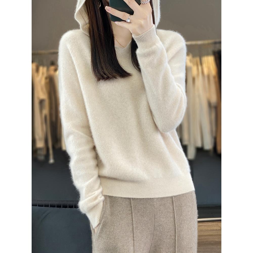 秋冬100%纯羊绒衫女一线成衣连帽针织羊毛衫宽松长袖毛衣帽衫打底