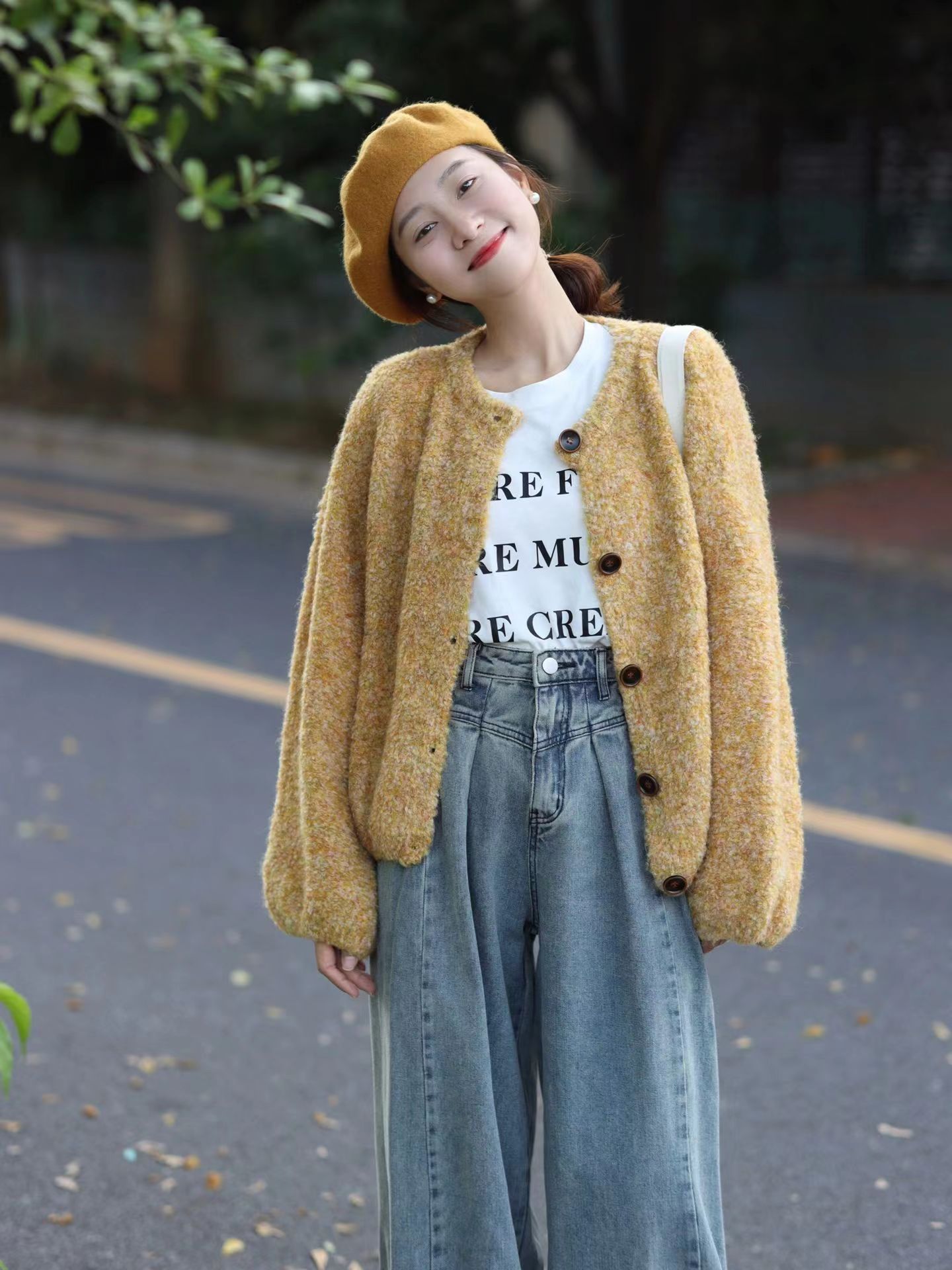 秋冬韩版2023新款宽松时尚显白百搭黄色针织长袖毛衣外套开衫女潮