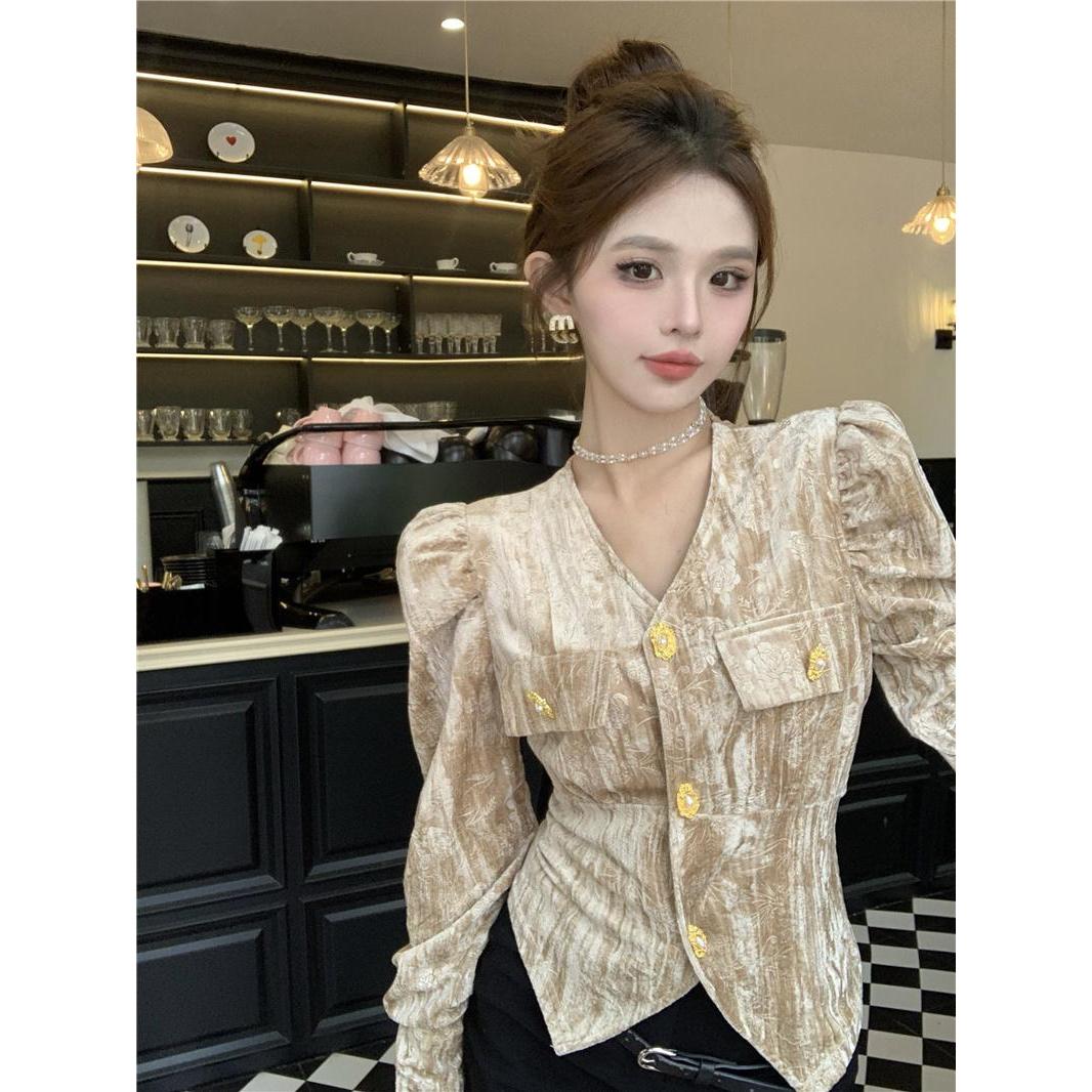 2023秋冬新款泡泡袖V领金丝绒T恤上衣女高级感气质显瘦打底小香风