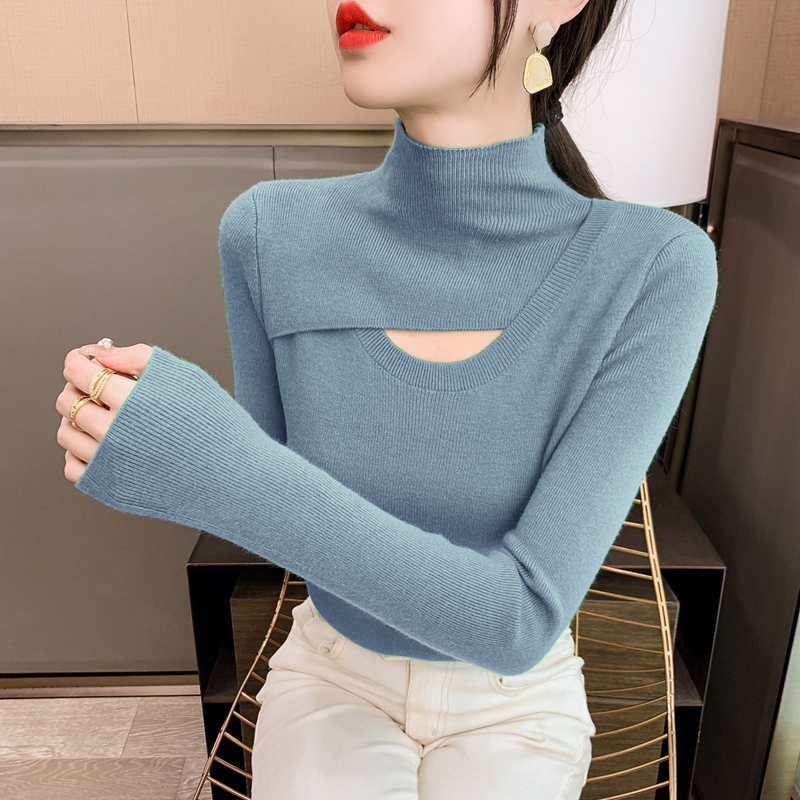 羊毛衫秋冬新款修身半高领针织衫别致内搭镂空时尚洋气女装打底衫