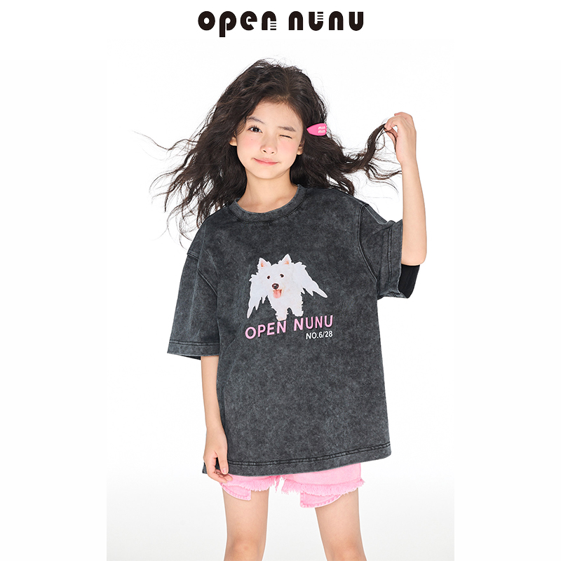Opennunu女童卡通印花蜡洗做旧圆领T恤夏季新款全棉宽松短袖上衣