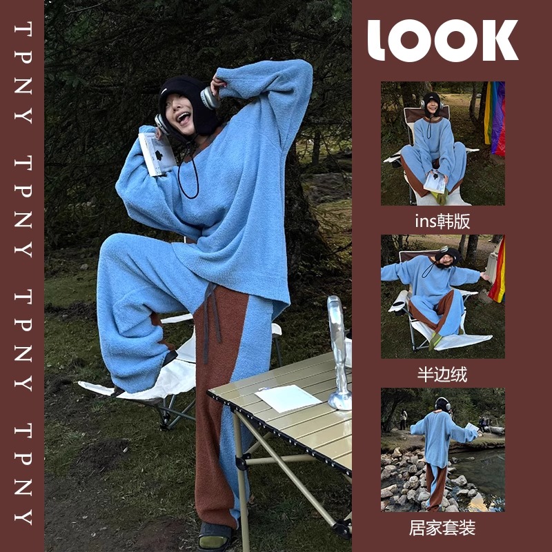 韩版高级半边绒睡衣女冬季2024年新款加绒加厚毛绒针织家居服套装