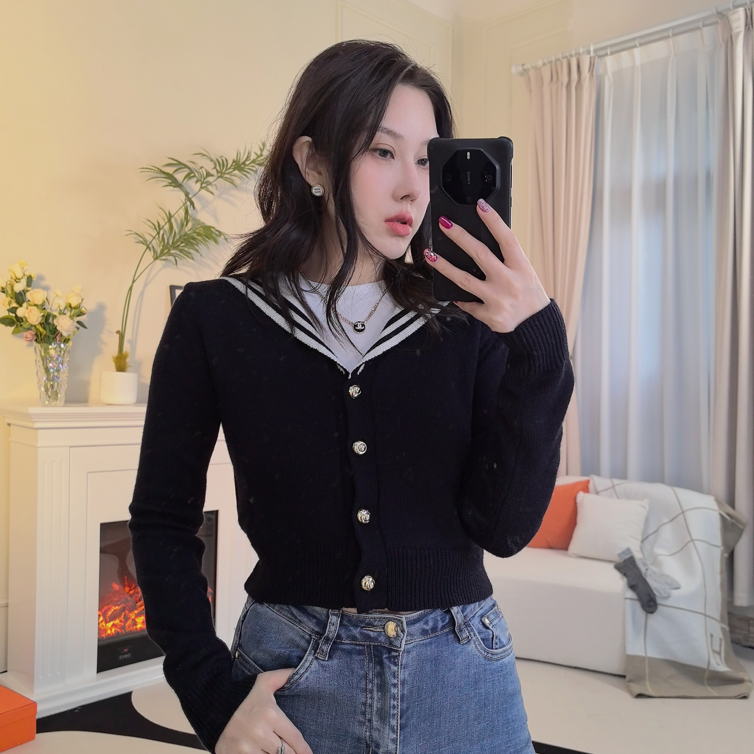 XARLES海军领黑色纽扣开衫