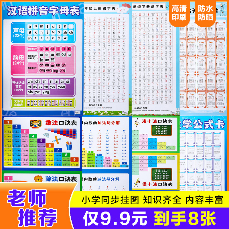 【9.9元全套8张】高清儿童学习挂图全套 拼音字母乘除加减口诀表