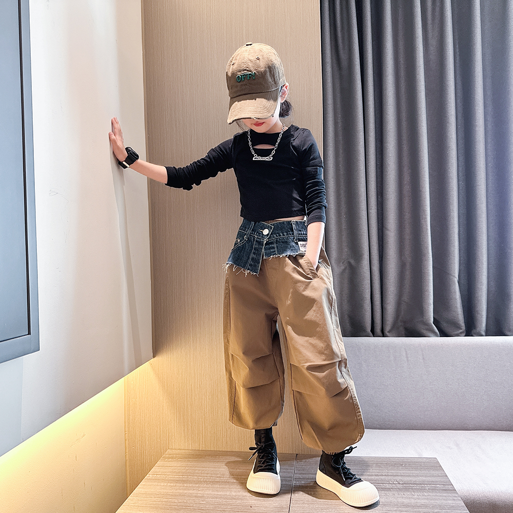 女童休闲工装裤2023秋季新款儿童百搭洋气中大童牛仔拼接束脚裤潮