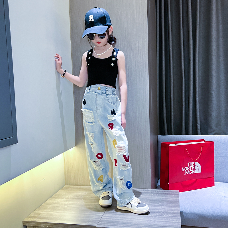 女童破洞牛仔裤2023夏季新款高腰直筒刺绣宽松休闲裤儿童装洋气潮