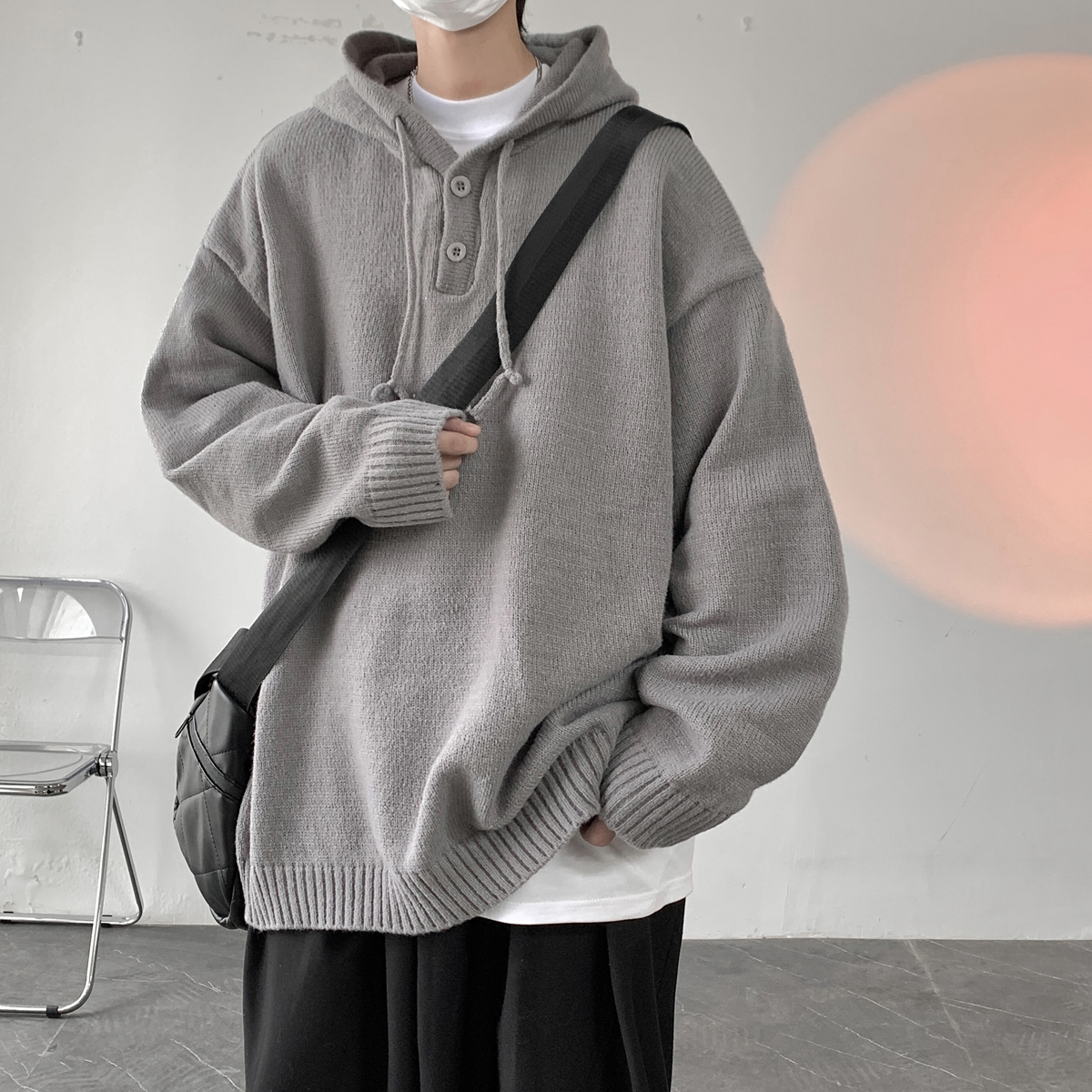 灰色针织衫连帽卫衣男秋冬款潮牌日系复古慵懒风毛衣宽松休闲外套