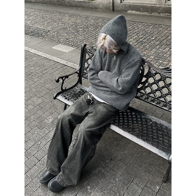 cleanfit连帽毛衣男秋冬宽松慵懒风高级感美式半拉链针织卫衣外套