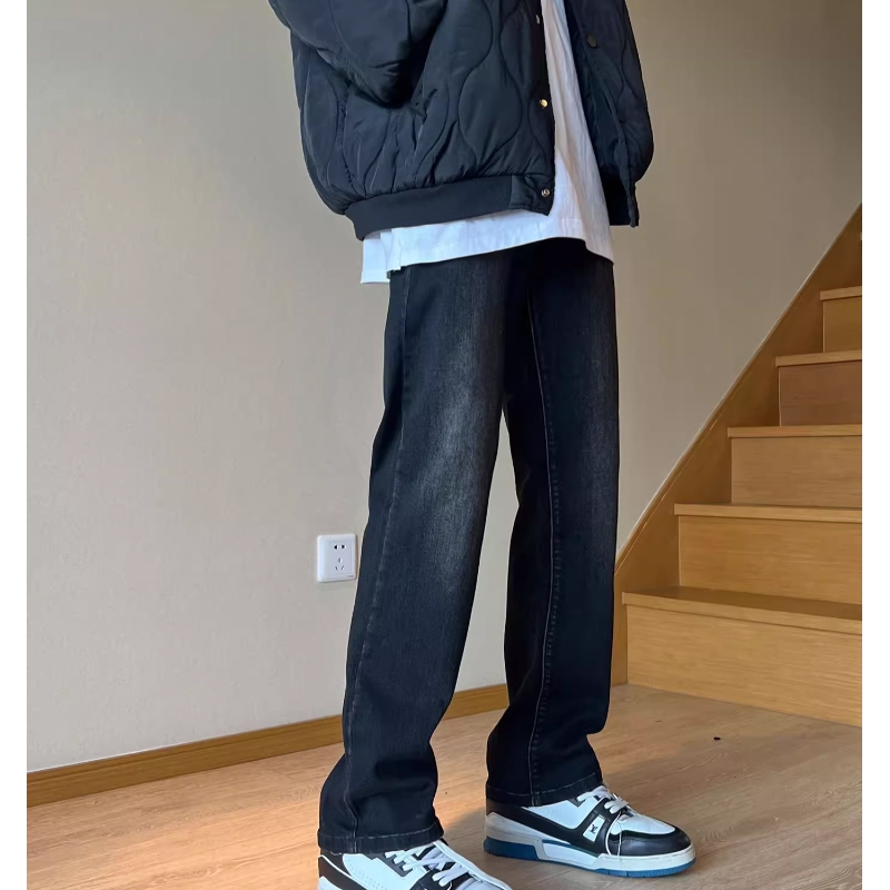 高弹力黑色加绒牛仔裤男秋冬水洗窄版修身小脚裤美式高街直筒裤子