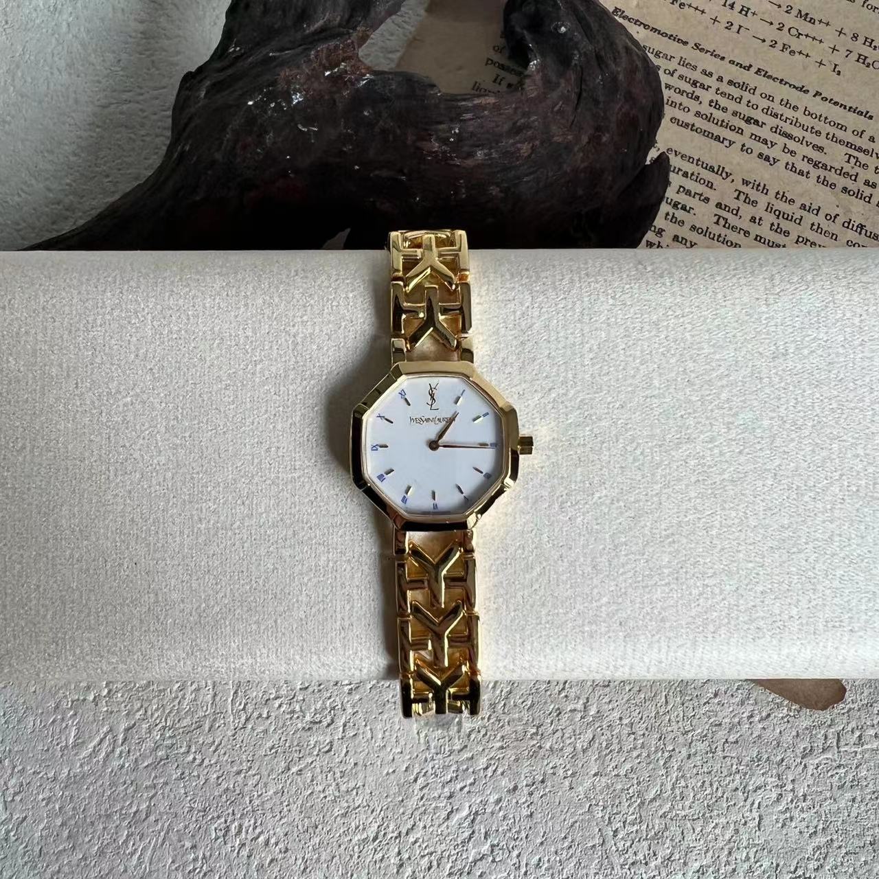 95新 YSL/圣罗兰 中古复古/-127/镂空金表带/白盘/22.4mm/YSL女表