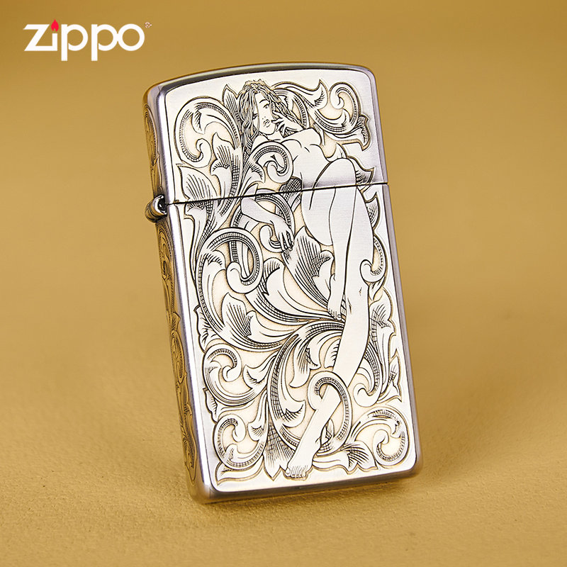 zippo打火机正版原装正品银色纤巧窄机五面精雕唐草仙子
