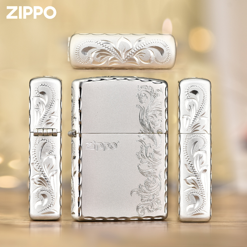 【甄选】Zippo打火机正版镀银正品三面手雕唐草