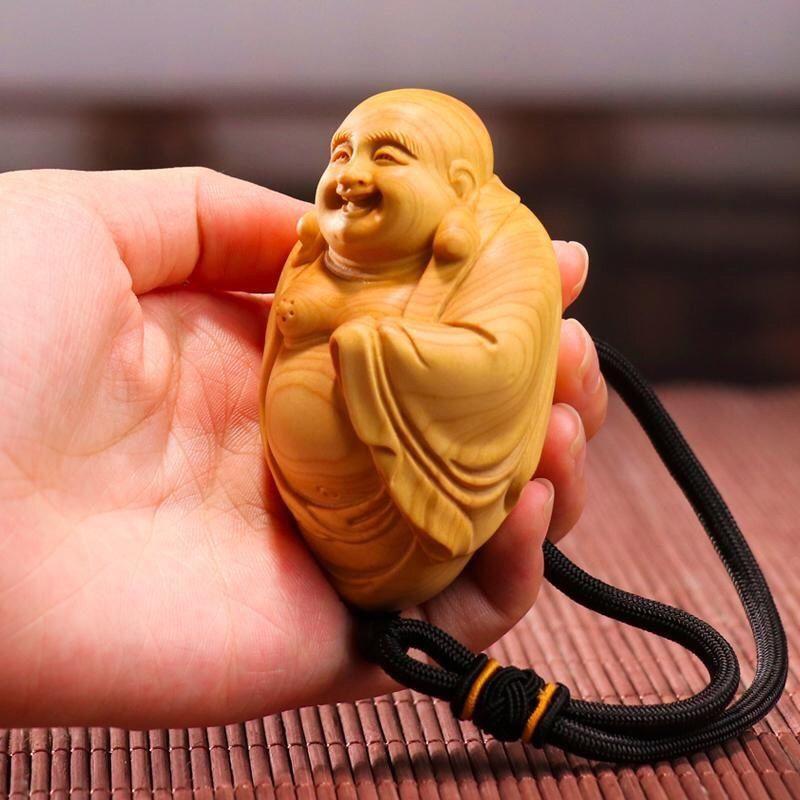 黄杨木笑脸招招弥勒佛像手把件文玩天然实木雕刻汽车工艺品挂件