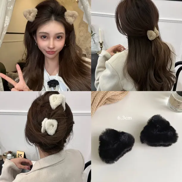 可盐可甜毛绒猫耳朵抓夹后脑勺夹半扎发碎发夹FC