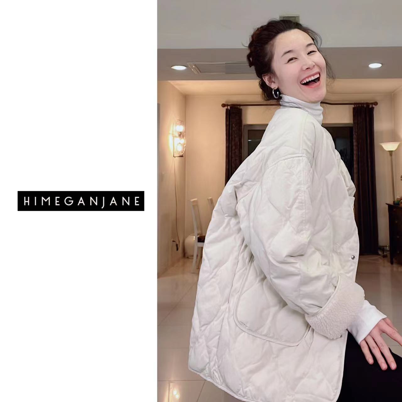 HIMEGANJANE 设计感菱格羊羔毛拼接羽绒服秋冬外套231021