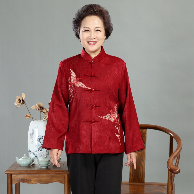 刺绣唐装外套女春秋中老年人节日礼服妈妈装中式上衣秋冬加绒盘扣