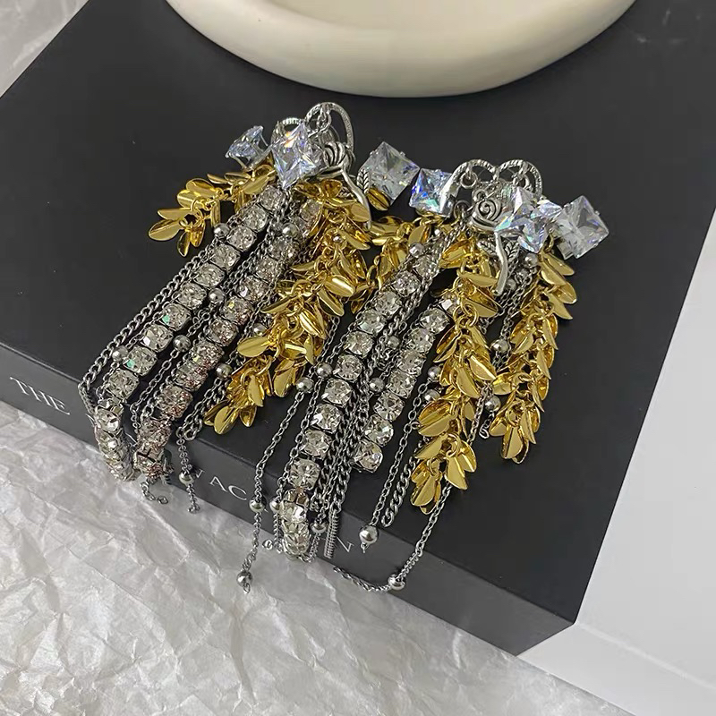 合金仿水晶耳饰 南一婚饰新款金色烟花麦穗流苏拼色满钻礼服耳饰