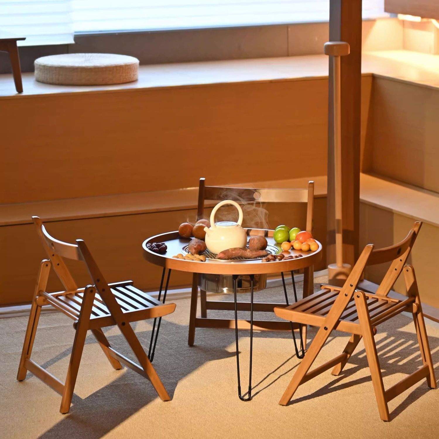 茶几桌椅围炉煮茶茶桌家用网红阳台折叠组合实木户外庭院圆形泡茶