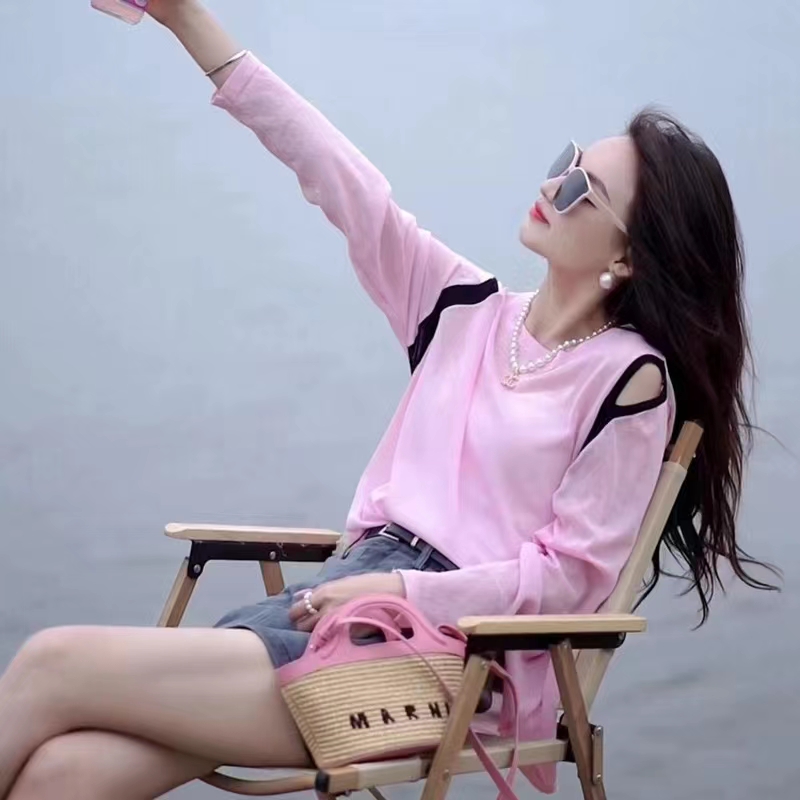 春夏名媛气质露肩针织衫女衣运动小众长袖宽松显瘦打底上衣防嗮