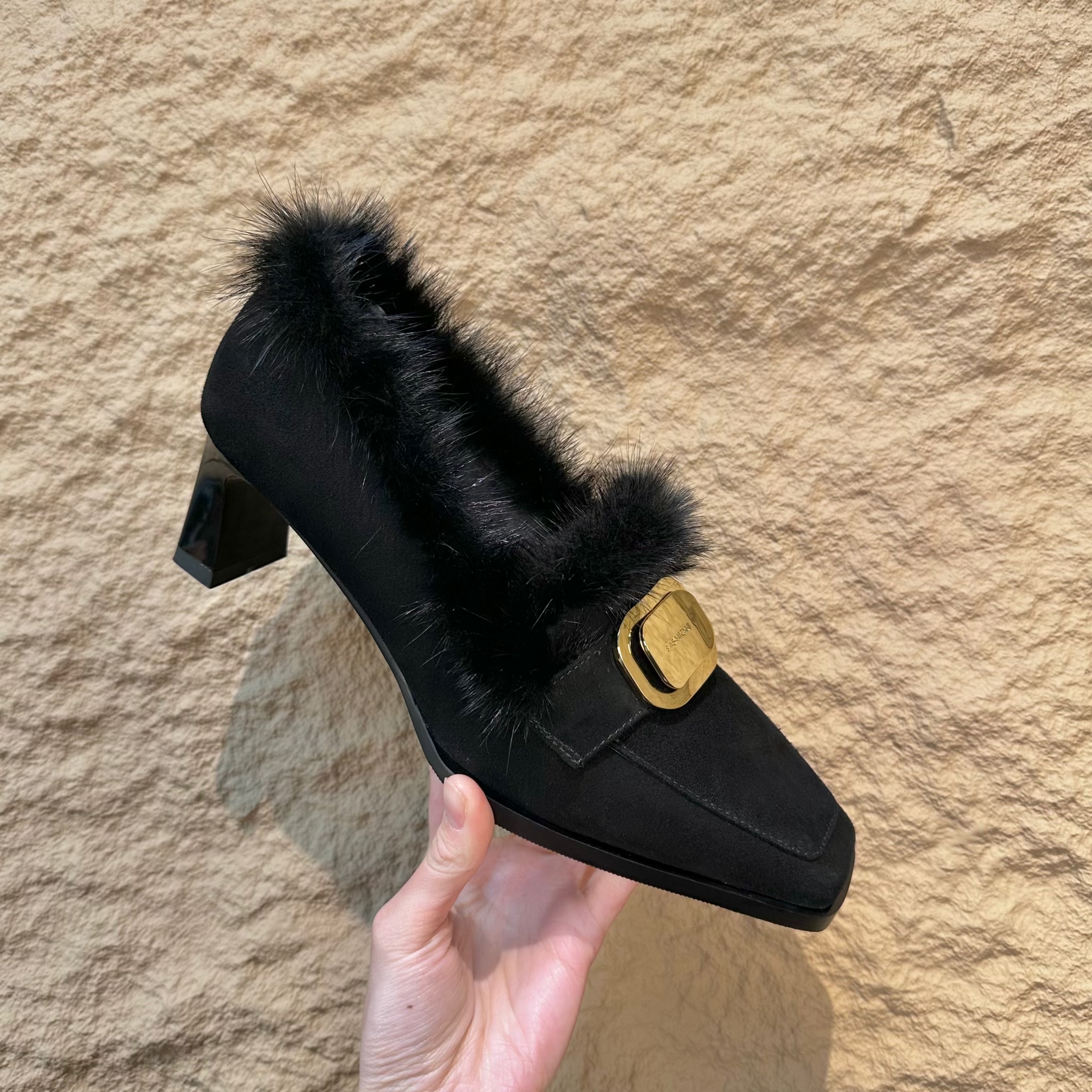 貂毛单鞋/羊皮/5cm/34-40/8235 轻奢五金小扣加绒高级百搭毛毛鞋