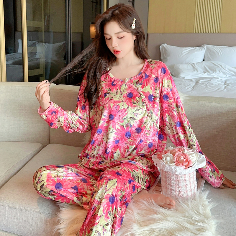 秋冬季金丝绒睡衣女士爆款2023长袖网红印花套头女睡衣家居服套装
