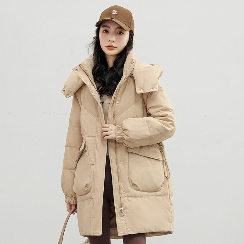 2024冬季新款棉衣女中长款韩版收腰羽绒棉服女加厚帽子可拆卸棉袄